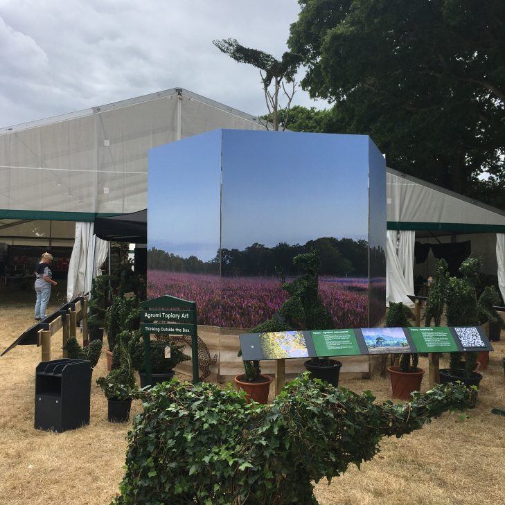 Agrumi Topiary Art at the New Forest & Hampshire County Show in 2022 - A topiary sea eagle rises about our hexagon of New Forest photos. An elephant stands in the very foreground of the photo.